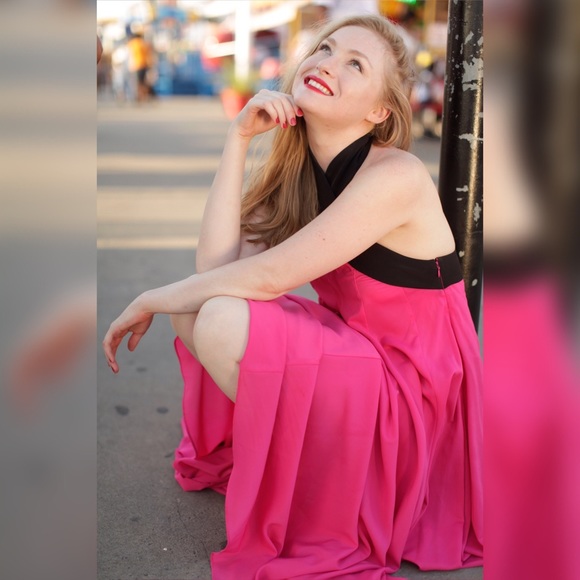 💕 AQ/AQ Opium Halter Cross Neck Cerise Pink High Low Asymmetric Prom Maxi Dress - Picture 4 of 13